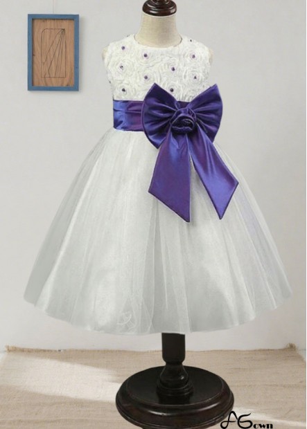 White Sequin Tulle & Satin Flower Girl Dress – Ball Gown Floor-Length