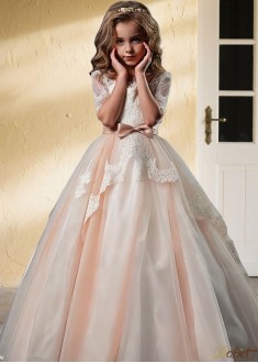 Elegant Tulle & Lace A-Line Flower Girl Dress – Floor-Length Princess Style