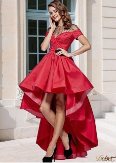 Red Jewel Neck Hi-Lo Prom Dress – Elegant Pleated A-Line Taffeta Evening Gown UK
