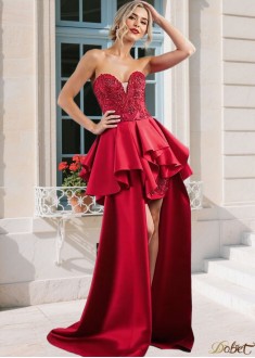 Red Sweetheart Hi-Lo Prom Dress with Train – Elegant A-Line Taffeta Evening Gown UK