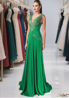 Green Floor-Length A-Line Prom Dress with Scoop Neck and Pleated Skirt