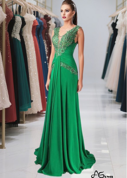 Green Floor-Length A-Line Prom Dress with Scoop Neck and Pleated Skirt
