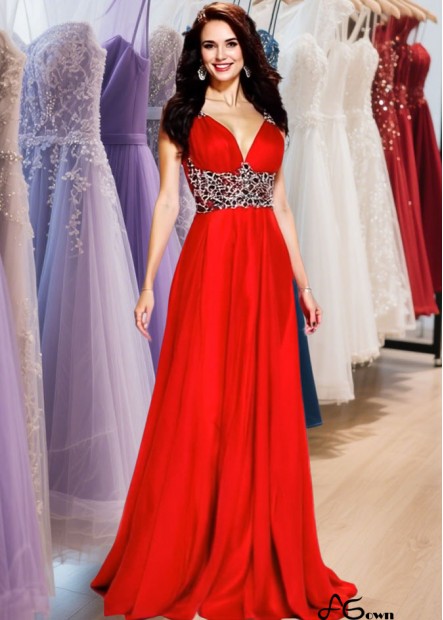 Red V-Neck Chiffon Prom Dress – Floor Length A Line Prom Gown