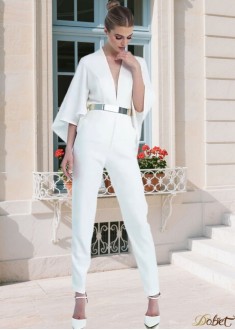 Shop White Satin V-Neck Straight Outfit – Ankle Length Formal Suits