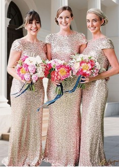 Elegant Bateau Neck Sequined Bridesmaid Dress | Sleeveless Full-Length Sheath Gown