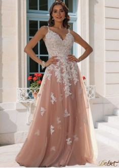 Elegant Floor-Length Tulle V-Neck Sleeveless Prom Dress with Applique Details