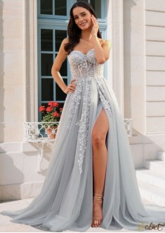 Elegant A-Line Tulle Applique Sweetheart Sleeveless Court Train Prom Dress – UK Formal Evening Gown