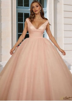 Elegant Ball Gown Tulle Ruffles V-Neck Sleeveless Prom Dress – Floor-Length Evening Gown UK