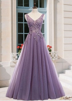 Elegant A-Line Tulle Applique V-Neck Prom Dress – Sleeveless Floor-Length Evening Gown UK