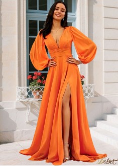Elegant A-Line Chiffon Ruffles V-Neck Long Sleeve Prom Dress – Sweep Train Evening Gown UK