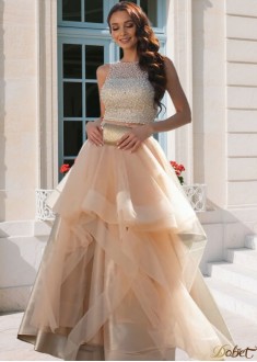 Elegant Two Piece Tulle Prom Dress with Beaded Scoop Neckline – Floor-Length Gown