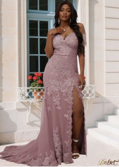 Elegant Off-the-Shoulder Tulle Prom Dress with Appliqué Detailing and Split
