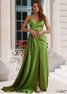 Elegant Satin V-Neck Ruched Prom Dress with Side Split – Floor Length Evening Gown