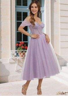 Elegant Off-the-Shoulder A-Line Tulle Prom Dress – Tea-Length Sleeveless Gown with Ruffles