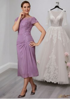 Tea-Length Mother of the Bride Dress with Applique and Scoop Neck