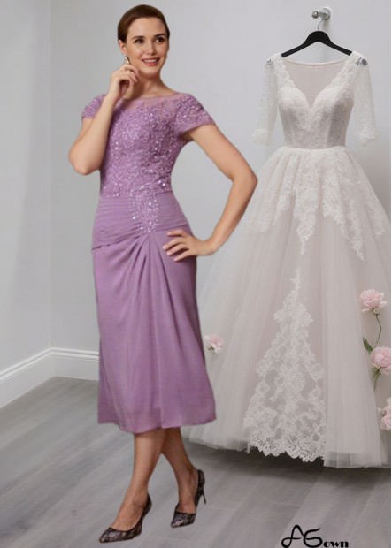 Tea-Length Mother of the Bride Dress with Applique and Scoop Neck