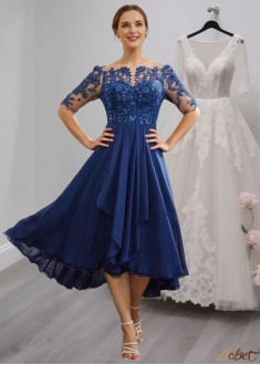 Tea-Length Mother of the Bride Dress with Applique and Half Sleeves