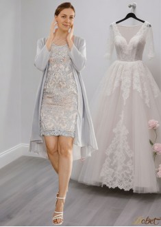 Short 3/4 Sleeves Mother of the Bride Outfit with Jacket and Appliques