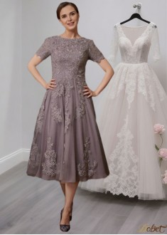Tea-Length Chiffon Lace Mother of the Bride Dress with Short Sleeves