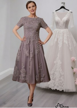 Tea-Length Chiffon Lace Mother of the Bride Dress with Short Sleeves