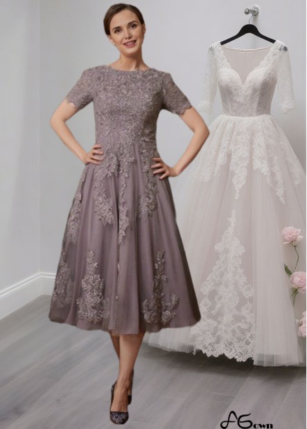 Tea-Length Chiffon Lace Mother of the Bride Dress with Short Sleeves