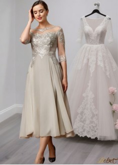 Tea-Length Lace Mother of the Bride Dress with 3/4 Sleeves