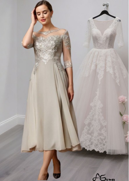 Tea-Length Lace Mother of the Bride Dress with 3/4 Sleeves