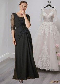 Chiffon Mother of the Bride Dress with Scoop Neck and 3/4 Sleeves