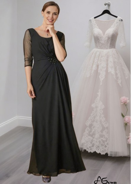 Chiffon Mother of the Bride Dress with Scoop Neck and 3/4 Sleeves