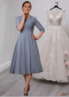 Tea-Length Chiffon Mother of the Bride Dress with Lace Appliques and Half Sleeves
