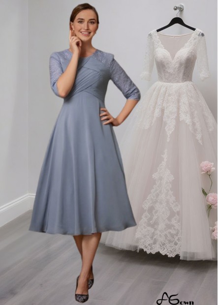 Tea-Length Chiffon Mother of the Bride Dress with Lace Appliques and Half Sleeves