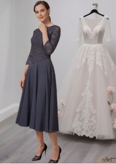 Lace Tea-Length Mother of the Bride Dresses with 3/4 Sleeves