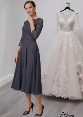Lace Tea-Length Mother of the Bride Dresses with 3/4 Sleeves