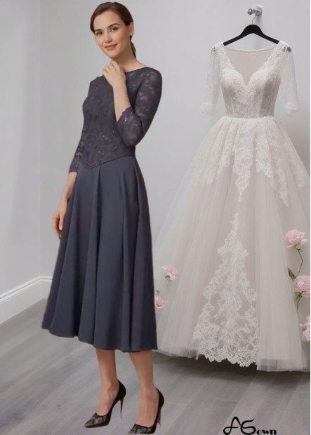 Lace Tea-Length Mother of the Bride Dresses with 3/4 Sleeves