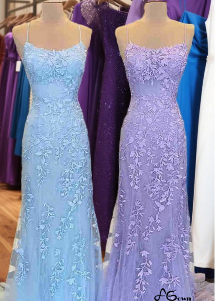 Crystal Embellished Lace Mermaid Prom Dress with Scoop Neck and Sweep Train