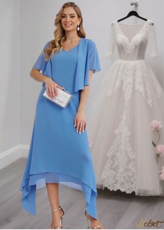 Chiffon A-Line V Neck Asymmetrical Mother of the Bride Dress with Jacket