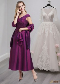 Tea-Length V-Neck A-Line Taffeta Mother of the Bride Dress with Beading