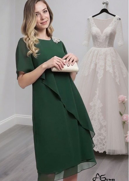 Knee Length Short Sleeve Mother of the Bride Dress with Beading and Ruffles