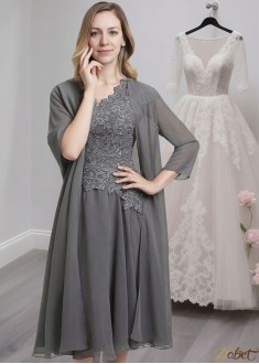 A-Line Chiffon Mother of the Bride Dress with V Neck, Short Sleeves & Jacket