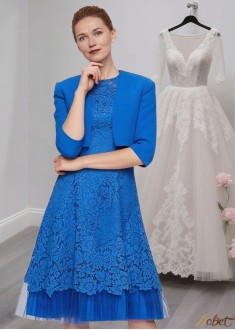 Blue Lace A-Line Mother of the Bride Dress with Jacket – Jewel Neck Knee-Length