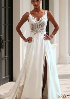 V Neck Chiffon A-Line Wedding Dress with Split