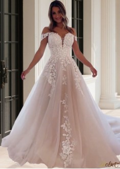 Princess Off-the-Shoulder Tulle Wedding Dress with Lace Appliques