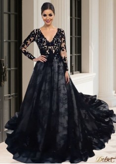 V Neck Long Sleeve Lace Wedding Dress Chapel Train
