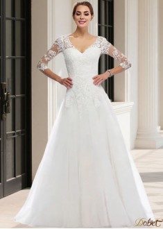 A-Line V Neck Tulle Lace Wedding Dress 3/4 Sleeves