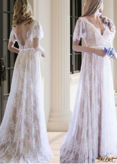 Sheath V-Neck Lace Wedding Dress Short Sleeves Sweep Train