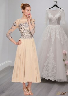 Chiffon Tea-Length Mother of the Bride Dress with Lace and 3/4 Sleeves