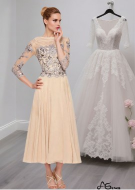 Chiffon Tea-Length Mother of the Bride Dress with Lace and 3/4 Sleeves
