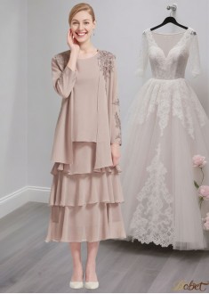 Tea-Length Chiffon Mother of the Bride Dress with Jacket and Appliqued Ruffles