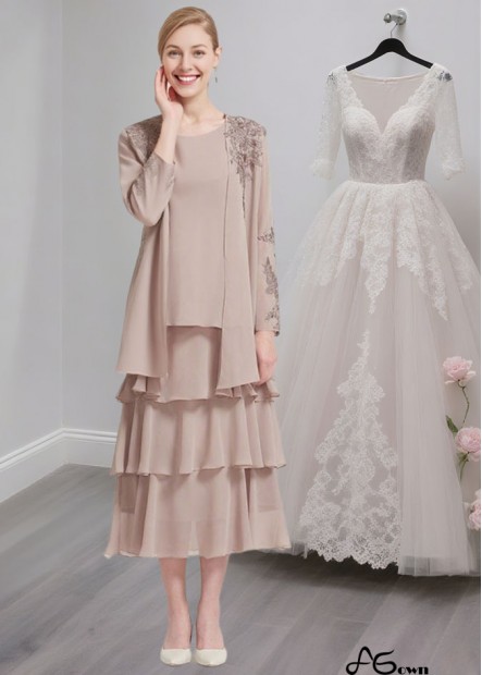 Tea-Length Chiffon Mother of the Bride Dress with Jacket and Appliqued Ruffles