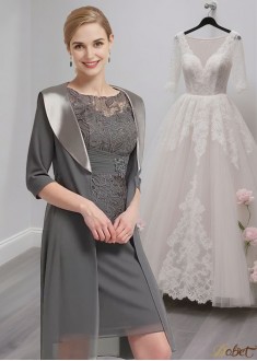 Half Sleeve Knee-Length Mother of the Bride Dress with Applique and Jacket